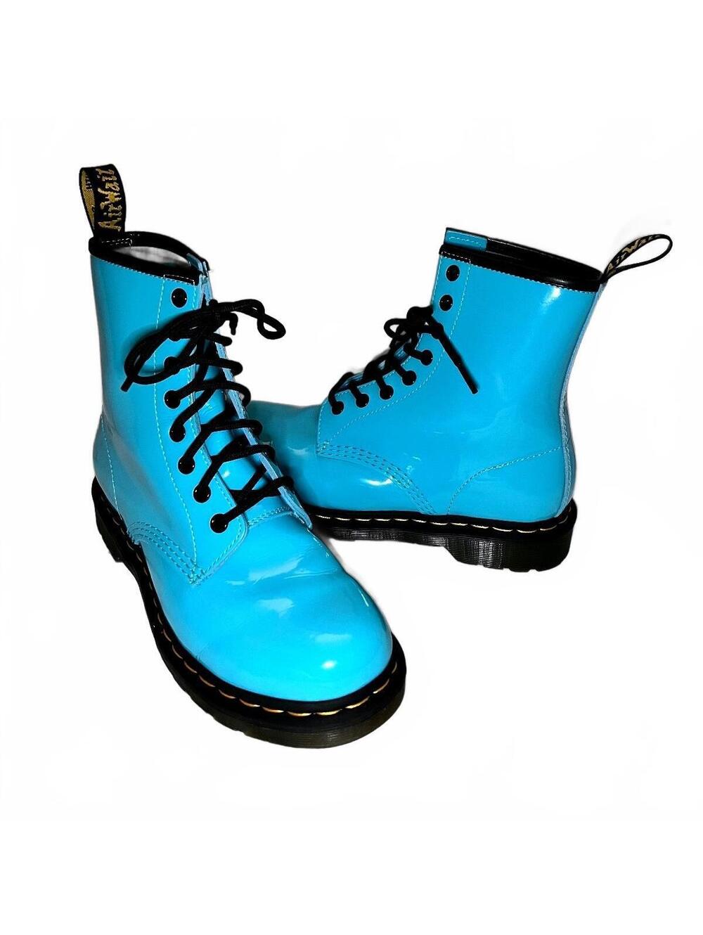 RARE Dr. Martens 1460 Turquoise Blue Patent Leather Lace Up Boots Women’s 8